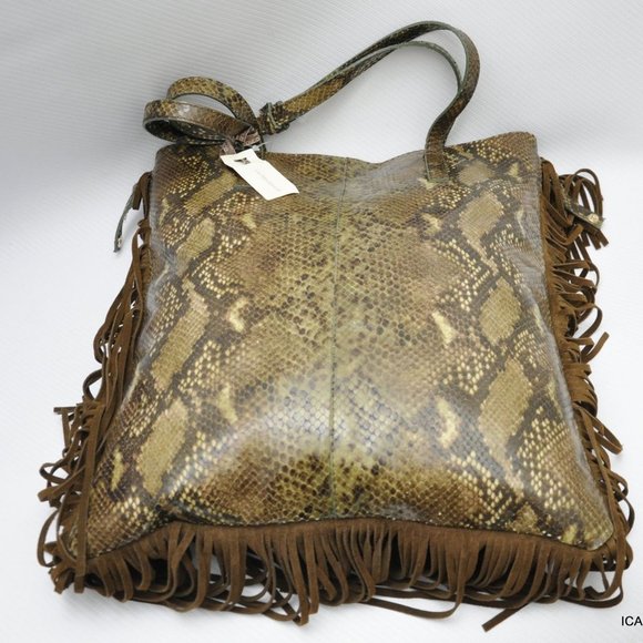 NWOT Via Repubblica Olive Green Reptile Leather Bag w/Fringe - Picture 9 of 10